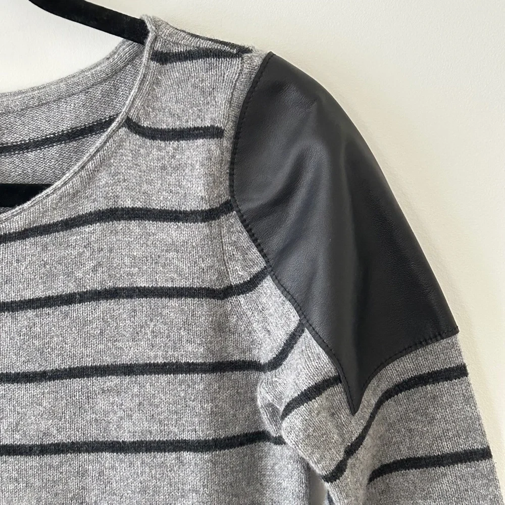 Woolly Minded Wool Cashmere Gray Striped Leather Shoulder Patch Crewneck Sweater